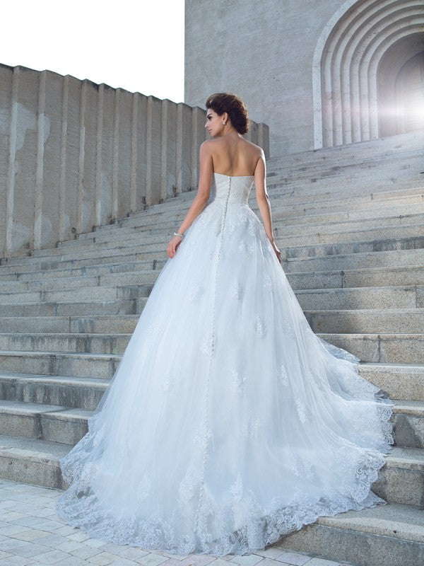 Wholesale Ball Gown Spaghetti Straps Applique Sleeveless Long Satin Wedding Dresses